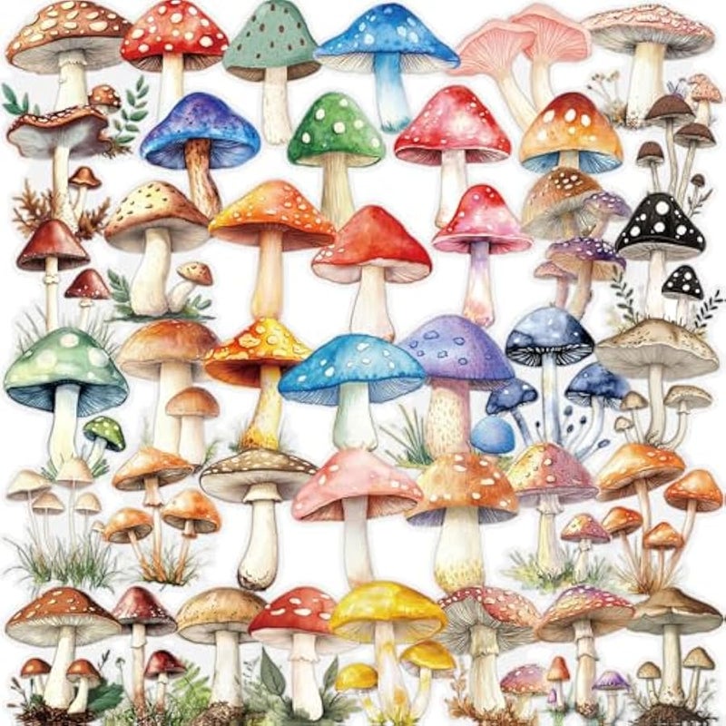 Cartoon Mushroom Stickers - 50 Pcs Clear PET Mushroom Aesthetic Stickers for Scrapbook, Journal, Junk Journal, Collage - Waterproof Transparent for Resin, Craft & Scrapbook Supplies - Image 1